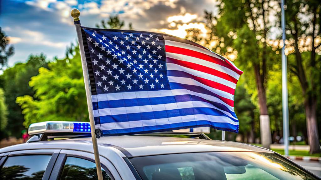 A patriotic symbol of gratitude, a thin blue line American flag proudly waves above a police car, expressing community appreciation for law enforcement support.