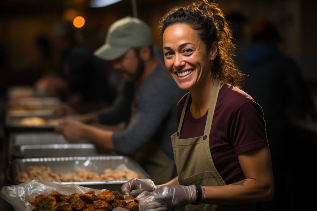 Expressions of gratitude and happiness in a volunteer helping to feed people in need