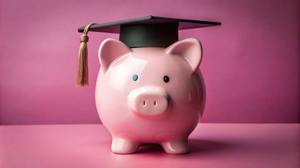 A pink piggy bank adorned with a miniature graduation cap sits on a pink background, symbolizing college savings and scholarship success.