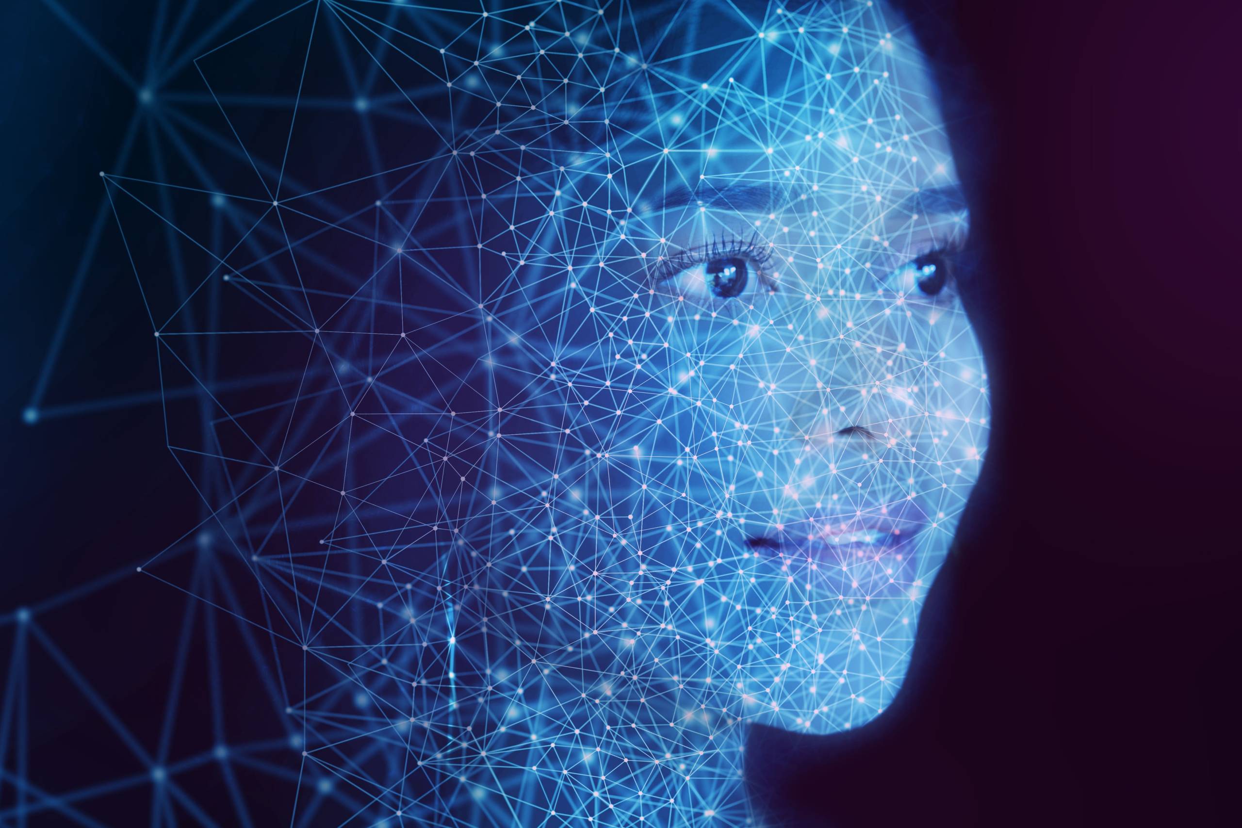 Juxtaposed image of woman with technology ai background